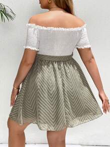 SHEIN Essnce Plus Size Women Spring/Summer White & Green Contrast Color Off-Shoulder Mesh Long Dress - Multicolor - View 2