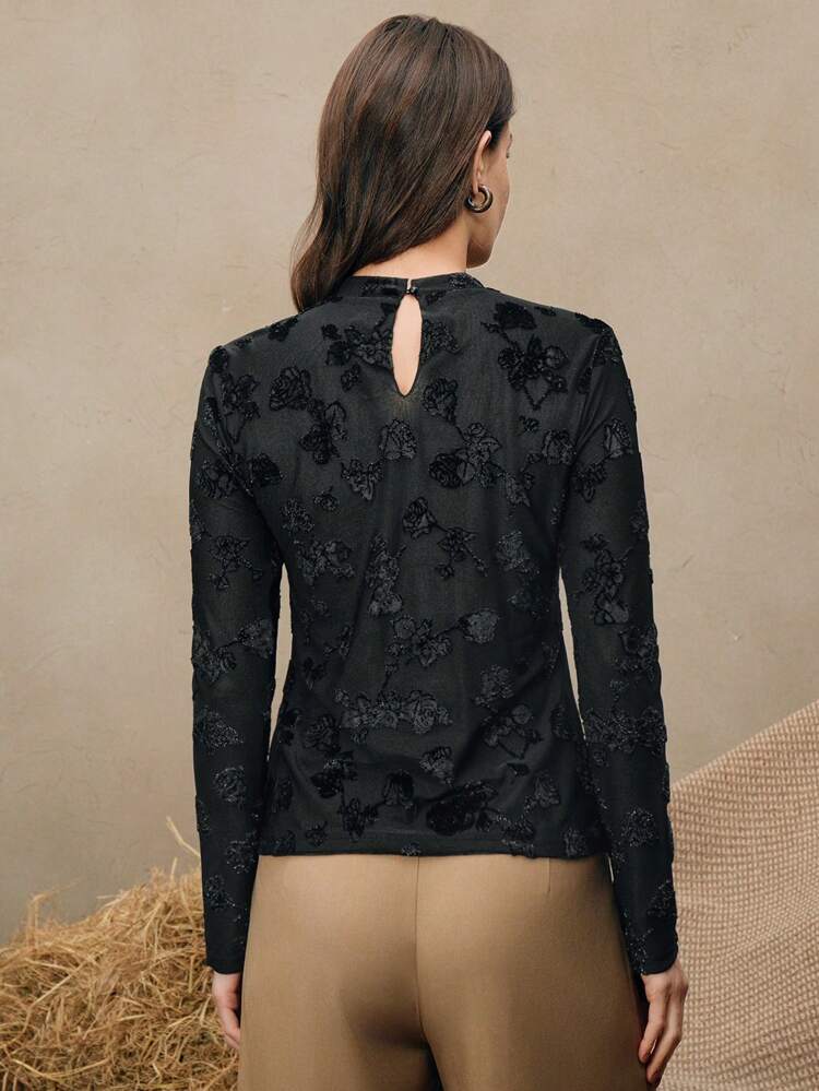 Elegant Floral Embossed Long Sleeve Stand Collar Blouse, Versatile Top Suitable For Spring, Summer, Holidays, Casual, Chinese New Year, Vacation
