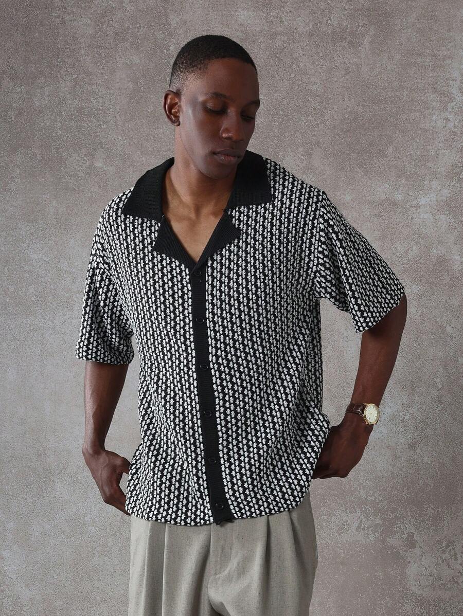 SUMWON 纹理几何图案里维尔领针织衬衫常规版型纽扣式 Polo 衫休闲度假装夏季度假海滩派对复古风格晚装 - 彩色 - 查看 1