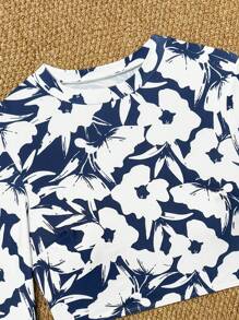 Swim SPRTY 全新夏季女士沙滩装套装，圆领长袖蓝白花卉印花休闲度假冲浪服 - 藍白色 - 查看 6