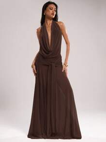 SHEIN BAE 女式纯色露背垂坠领连衣裙 - 棕色 - 查看 5