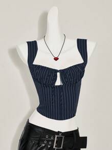 SHEIN ICON Women's Y2k Office Wwomen Outfits Casual Tie Front Striped Wide Strap Tank Top For Everyday Wear