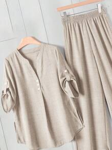 SHEIN LUNE Setelan Kemeja dan Celana Wanita Warna Polos Model V-Neck, Pakaian Kasual Sehari-hari, Pakaian Bisnis Kasual Wanita - Khaki - View 7
