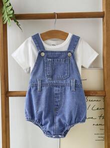 Baby Boys 2pcs Set: Simple White Short Sleeve Top + Cute Blue Denim Overall Jumpsuit. Loose, Minimalist Design With Large Pocket Front, Soft & Comfortable Casual Style Suitable For Spring/Summer Outings, Vacation, Daily Wear - Multicolor - View 5