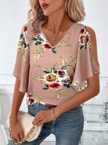 SHEIN Clasi Women's V-Neck Floral Print Ruffle Sleeve Split Blouse - Pink - View 4