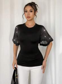 Calvaya Camiseta de manga corta de mujer de ajuste ceñido, cuello redondo, con manga de malla splice y línea de plata elegante