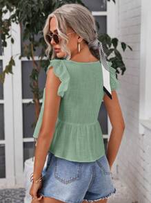 SHEIN Frenchy Vacation Casual Hollow-Out Embroidered Patchwork Cap Sleeve Woven Shirt Summer Green - Mint Green - View 2