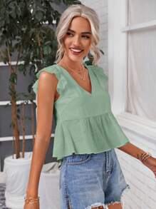 SHEIN Frenchy Vacation Casual Hollow-Out Embroidered Patchwork Cap Sleeve Woven Shirt Summer Green - Mint Green - View 3