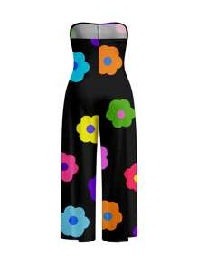 Slaydiva 休闲简约花卉印花露肩连体裤，一体式阔腿裤，加大码 - 彩色 - 查看 3