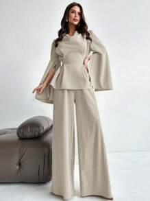 Firerie 2 件女式秋冬系带长袖衬衫上衣和美人鱼下摆裙子套装，开衩长袖衬衫套装，鱼尾长裙套装，优雅/通勤/休闲/商务/度假/职业装 - 杏色 - 查看 1