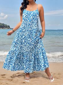 Breezaya Plus Size Women Vacation Casual Floral Print Camisole Dress - Blue - View 8