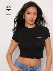 SHEIN Unity Top Sagittarius Embroidered Astrology Star Sign Everyday Casual Streetwear Lettuce Hem Birthday Gift Cotton Thanksgiving Christmas NYE New Years Eve Outfits For Women T Shirt - Black - View 3