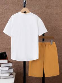 SHEIN 2 件套男童休闲领衬衫和短裤套装，颜色拼色 - 彩色 - 查看 2