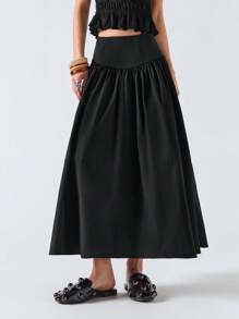 LYSMO Váy dài cạp cao màu trơn đi làm thường ngày cho nữ - màu đen - Xem 3