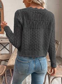 EMERY ROSE Women's Hollow Placket Button Front Cardigan, Knit Sweater Jacket For Autumn/Winter Fall Cloth For Women - Dark Grey - View 2