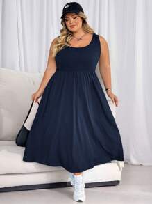SHEIN CURVE+ Plus Size Women's Solid Color Basic Sleeveless Dressbeach Outfits For Woman/Beach Dress/Beach Vacation Outfits/Beach Essentials / Graduation/Tea Party Dress - Navy Blue - View 8
