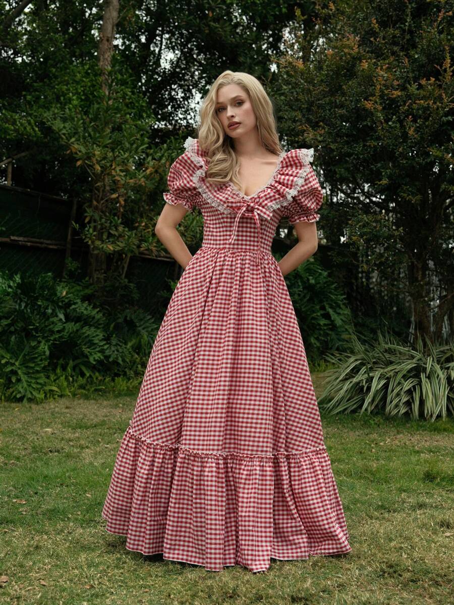 SHEIN X Hannahelzahed SHEIN MOD Váy xếp ly tay bồng họa tiết kẻ caro - Nhiều màu - Xem 1