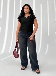 SHEIN EZwear Women Plus Size Black Pleated Ruffle Cap Sleeve Blouse