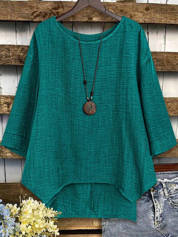 Plus Size Women Solid Color Round Neck Drop Shoulder Casual Loose Blouse Turquoise