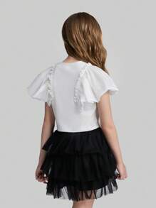 Ontre Minimalistisches, vielseitiges Mode-Top für Tween-Mädchen für die Hochzeitssaison, elastisches, figurbetontes T-Shirt mit Rundhalsausschnitt, kurzen Puffärmeln und mehrlagigem Blumendekor für lässiges Tragen im Freien und drinnen, Frühling/Sommer - Weiss - Übersicht 6
