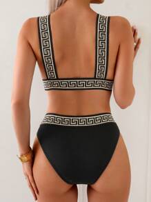 SHEIN Swim 女士几何印花性感比基尼泳装套装，夏季海滩 - 黑色 - 查看 2
