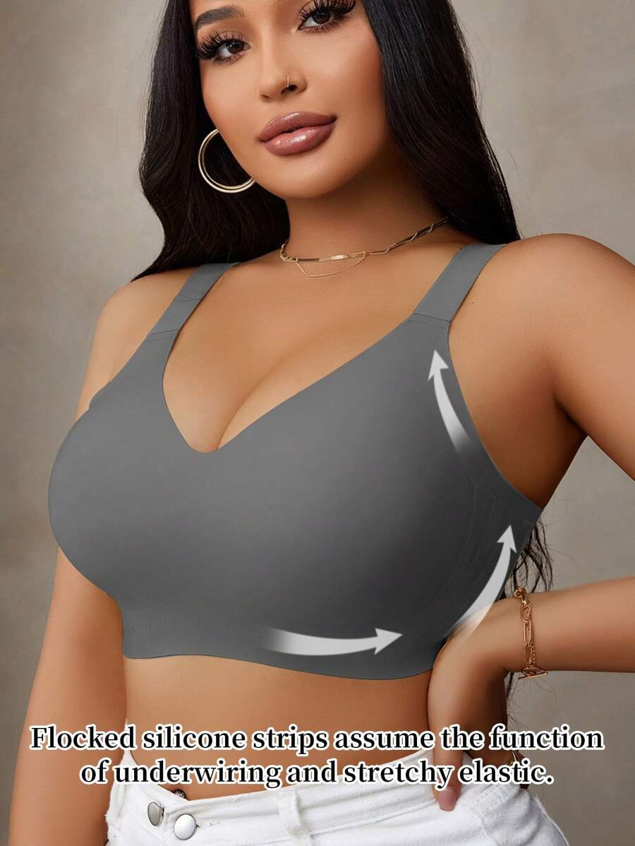 Plus Size Women's Seamless Gummy Bra, Soft Support Underwire Free Lightly Padded Push Up Bra (Single) - Dark Grey - View 1