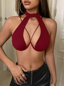SHEIN ICON Cut Out Front Halter Black Corset Top - Burgundy - View 3