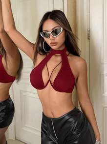 SHEIN ICON Cut Out Front Halter Black Corset Top - Burgundy - View 4