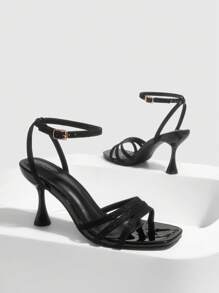 Square-Toe, Slim Heel, New Stylish Peep-Toe, Elegant & Versatile Ladies High Heel Sandals For Christmas - Black - View 5