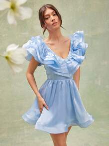 L'Amorae Elegant Ruffle Satin A Line Dress Simple Fashion Daily Casual