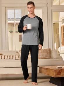男士家居休闲套装两件套，插肩袖圆领上衣+长裤睡衣套装，男士睡衣，秋冬服装