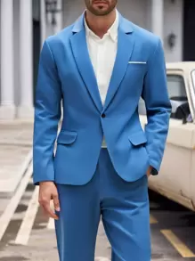Manfinity Mode 男士休闲西装套装，简约时尚西装外套和长裤，适合日常穿着 - 藍色 - 查看 1