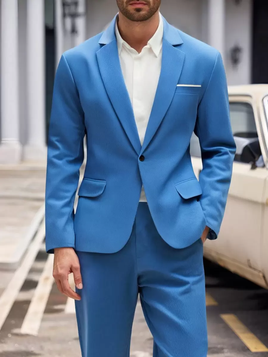 Manfinity Mode 男士休闲西装套装，简约时尚西装外套和长裤，适合日常穿着 - 藍色 - 查看 1
