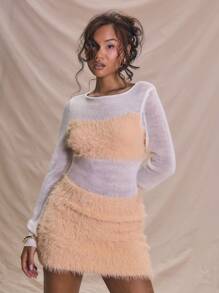 MUSERA Long Sleeve Knitted Fluffy Panel Mini Long Sleeve Dress Elegant Boho Summer - Pink - View 1