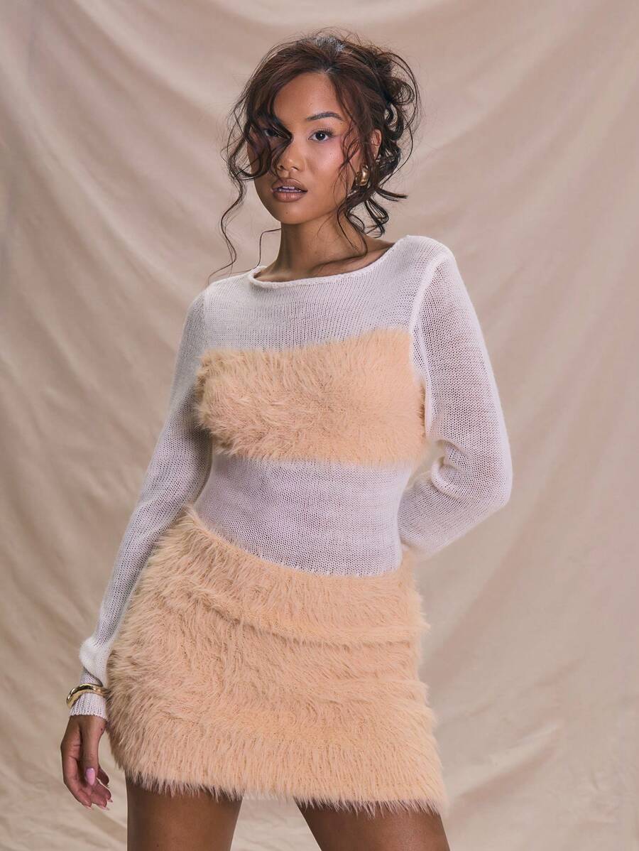 MUSERA Long Sleeve Knitted Fluffy Panel Mini Long Sleeve Dress Elegant Boho Summer - Pink - View 1