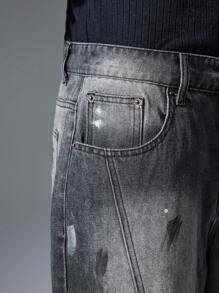 Men's Street Style Oversized Black Embroidered Denim Shorts Cotton, Streetwear Essential - Black - View 4