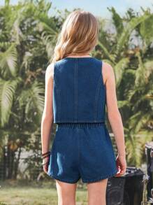 SHEIN Y2K 风格少女合身牛仔短款上衣和裙子套装，百搭休闲设计适合日常穿着 - 中等水洗藍 - 查看 2