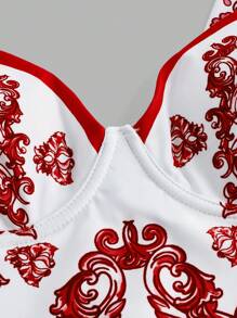 Swim Oasis BOHO Luxurious Palace Printed Exquisite Ruffled Sleeve Premium One-Piece Suit - Red and White - View 7