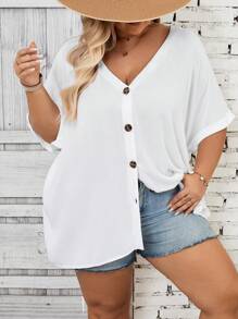 SHEIN CURVE+ Women Plus Size V-Neck Batwing Sleeve Loose Casual Blouse, Summer Top