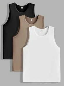 SHEIN 3 stuks/set casual tanktops voor tienerjongens, zwart, koffie, wit, koop er 2 en krijg er 1 gratis, veelzijdig voor dagelijks gebruik, sport, homewear, lente en zomer