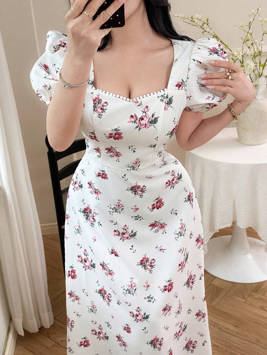 Feyla Women's Floral Print Puff Sleeve Sweetheart Collar Elegant French Romantic Dress Summer Wedding Vacation Date Birthday White And Pink - White - View 1