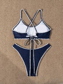 Swim Vcay 2pcs Set Spring/Summer Navy Blue Backless Tooth Edge Vacation Beach Bikini Set