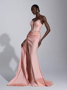 SHEIN Belle 优雅华丽的珊瑚粉色奢华缎面手工钻石链露肩系带褶皱性感开叉鱼尾带飘带和拖尾下摆连衣裙适合约会单身派对鸡尾酒会毕业典礼正式场合晚礼服、礼服、晚会、婚礼宾客 - 粉色 - 查看 6
