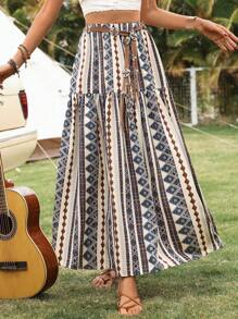 SHEIN VCAY Summer Out Holiday Date Skirt, Ladies Elastic Waist Loose National Wind Geometry Holiday Printed Long Beach Skirt, Nomadic BOHO, Holiday Summer Beach Shorts, Back To School Skirt, Very Simple Skirt, Office Skirt, Old Money Skirt, Teacher Skirt, Date Skirt, Skirt, Going Out To Attend Wedding Season BFF Afternoon Tea Party Holiday Skirt, Going Out To Attend Music Festival Skirt, Women Skirt Boho, Boho Maxi Skirt Women - Multicolor - View 3