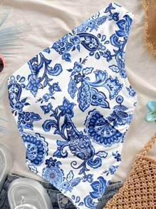 Soleia Blusa asimétrica de hombro con estampado retro de paisley en azul, ideal para vacaciones de verano