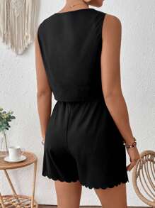 SHEIN 2pcs Maternity Plain Arcuated-Collar Sleeveless Shirt & Shorts Set - Black - View 2