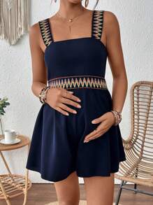 SHEIN Maternity Patchwork Wavy Stripe Webbing Strap Romper - Navy Blue - View 5