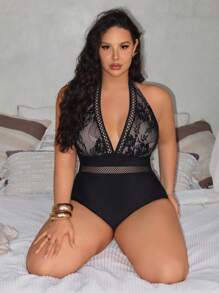 Swim Lushoire Costume da bagno intero taglie forti, in tinta unita con contrasto in pizzo traforato, stile minimalista, adatto per uso quotidiano, vacanze al mare, estate per le donne