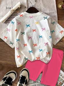 SHEIN Leap Crew Set de 2 piezas con camiseta y shorts con estampado de mariposas coloridas, de estilo casual y minimalista, para niñas preadolescentes en verano, color rosa