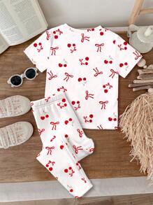 SHEIN 可爱蝴蝶结和樱桃印花，女婴休闲简约贴身圆领短袖和长裤睡衣，适合夏季 - 彩色 - 查看 4